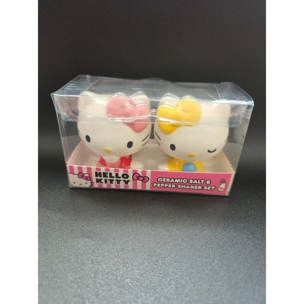 Hello Kitty Ceramic Salt Pepper Shaker Set Pink‎ Yellow Bow Sanrio Licensed